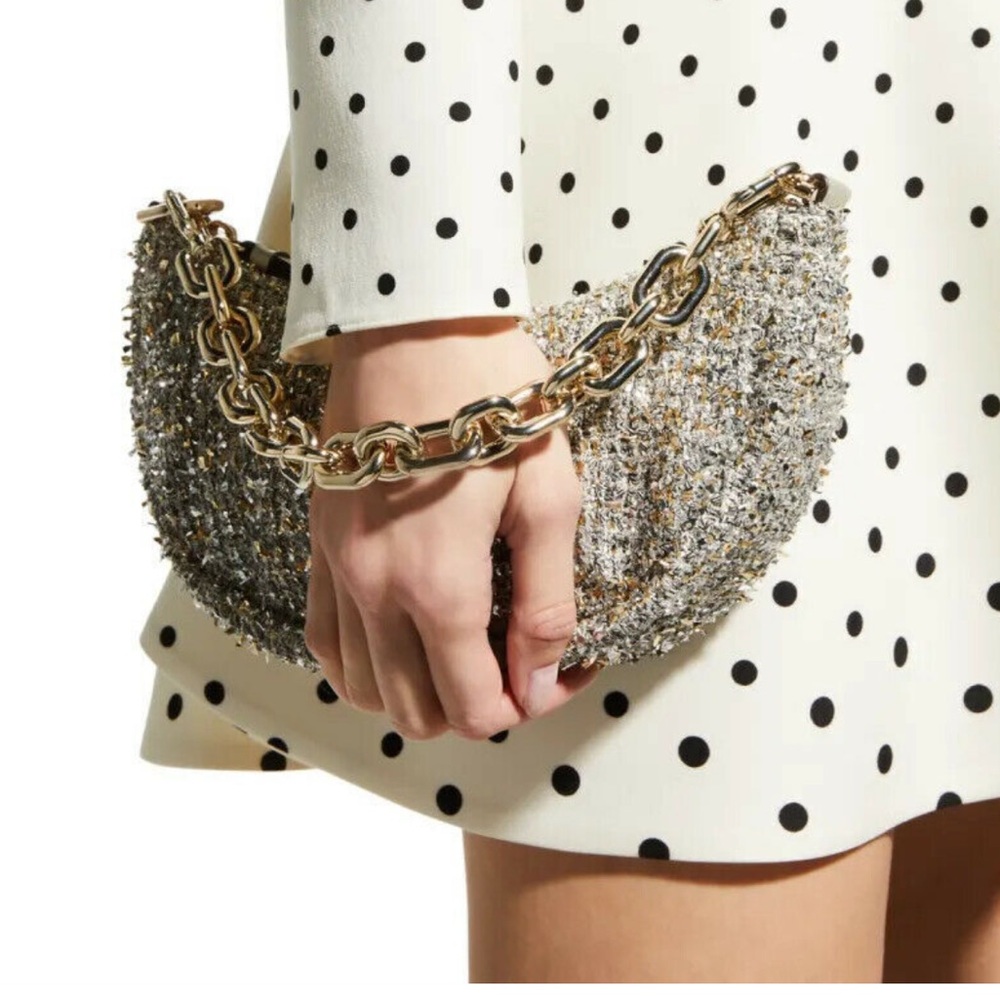 Kate Spade Smile  Metallic Tweed Chain Silver Crossbody Clutch
